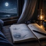Open dream journal on a nightstand with moonlight and stars through the window