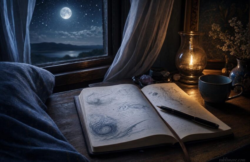 Open dream journal on a nightstand with moonlight and stars through the window