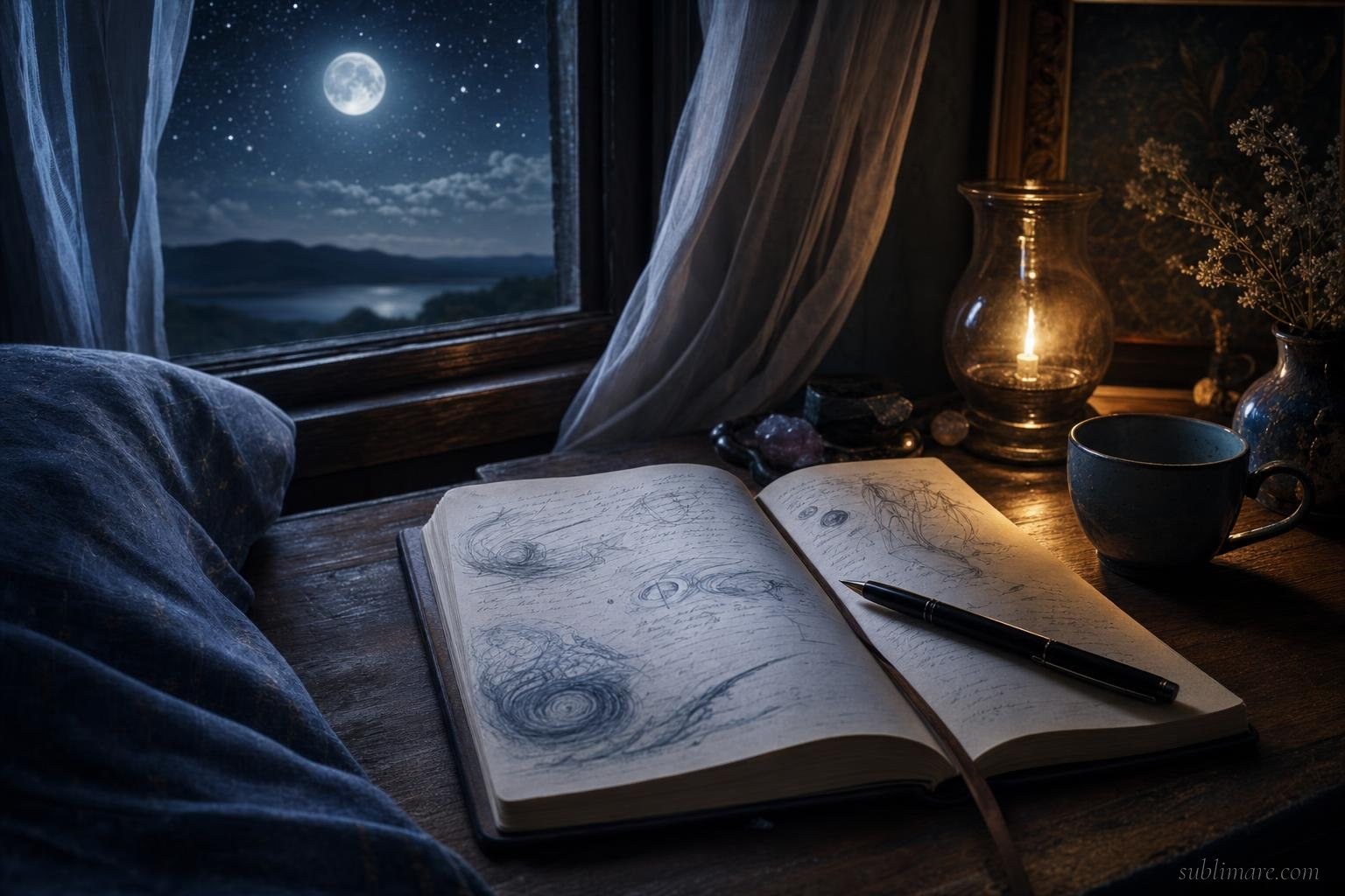 Open dream journal on a nightstand with moonlight and stars through the window
