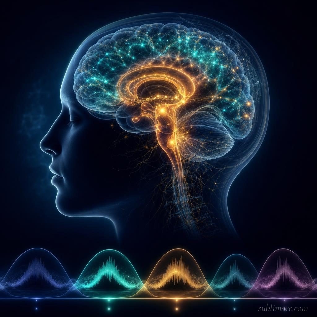 Scientific visualization of REM sleep brain activity — glowing neural pathways in teal and gold during the dreaming stage