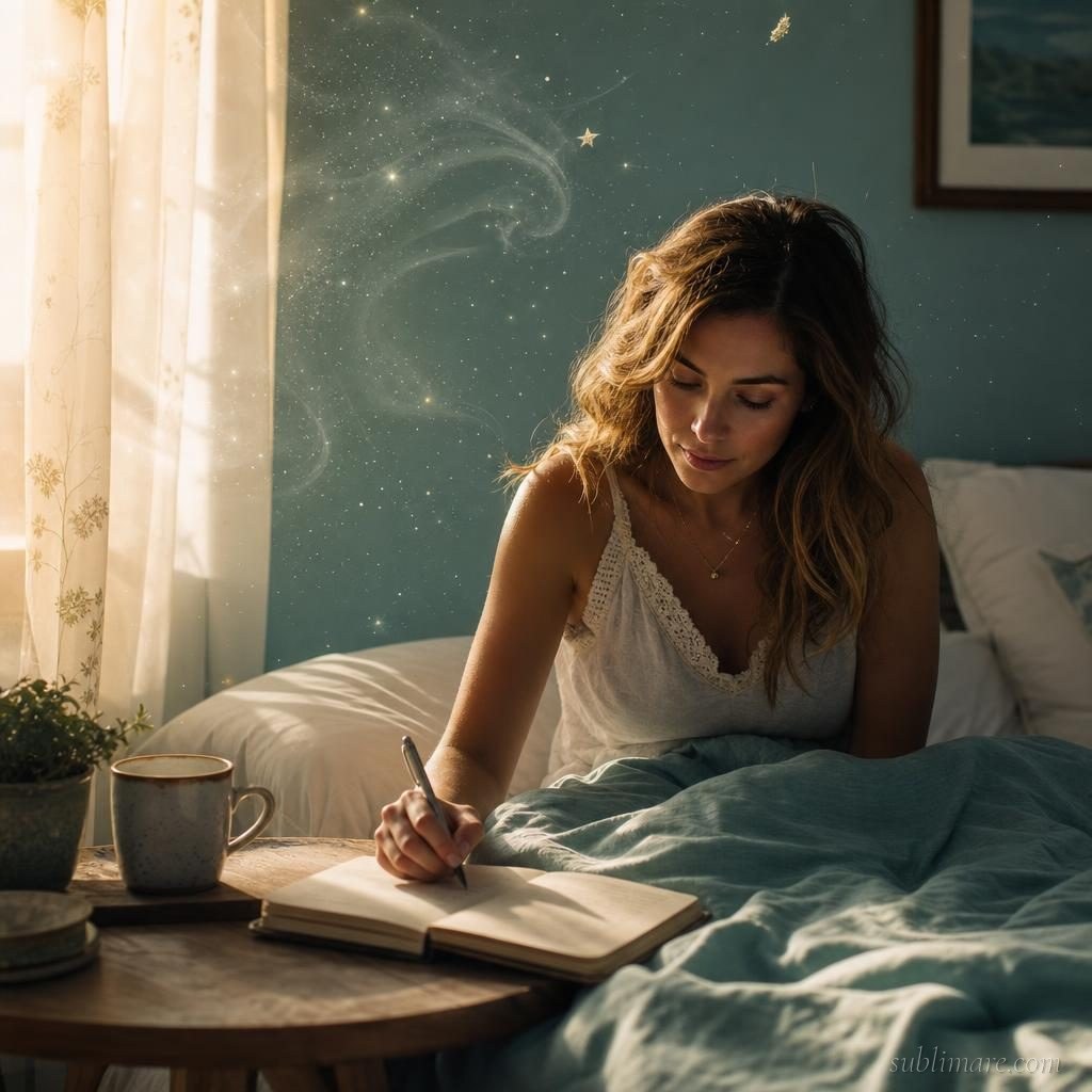 Person waking at dawn and writing immediately in their dream journal while the dream is still fresh