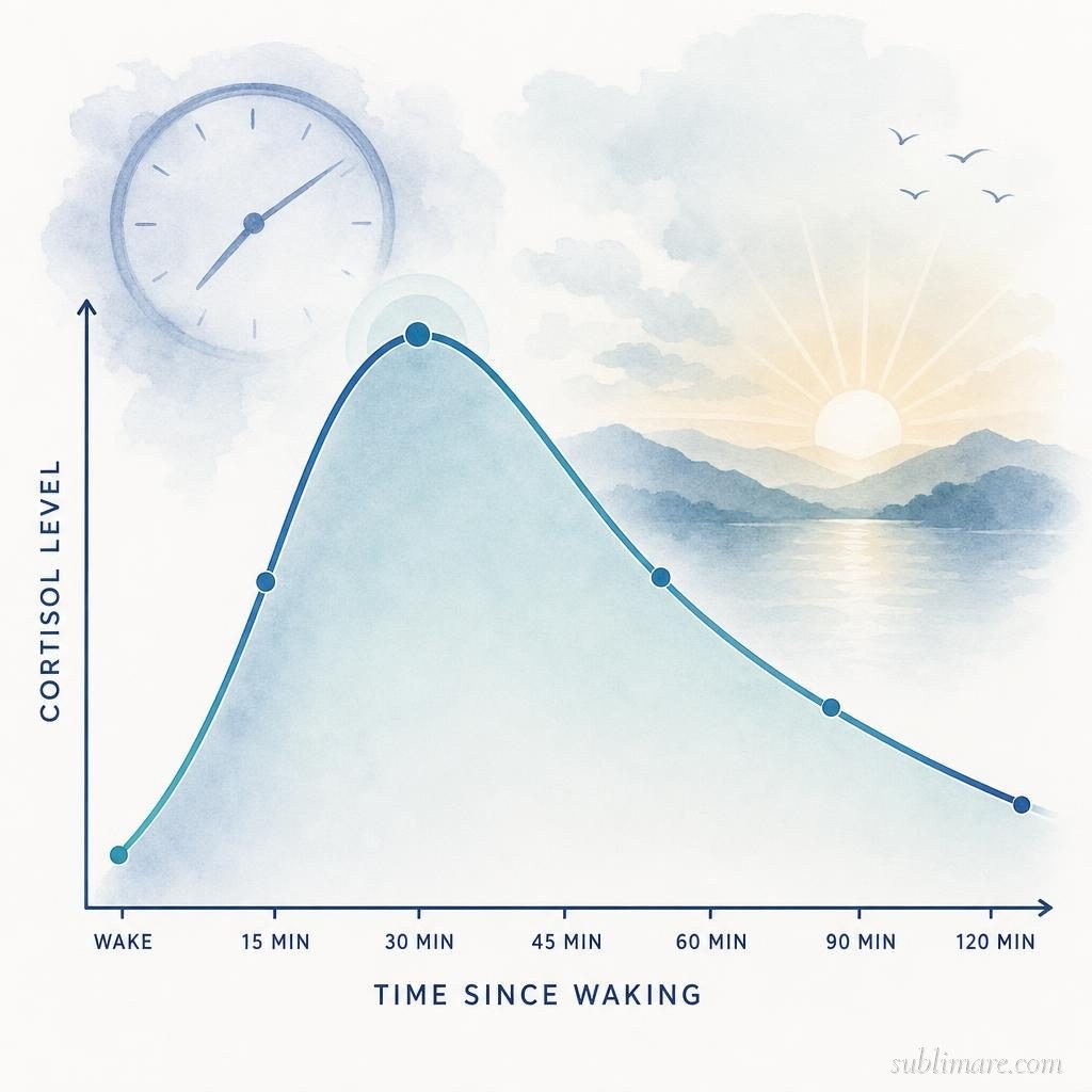 Scientific illustration of the Cortisol Awakening Response — the hormonal surge your body initiates within minutes of waking