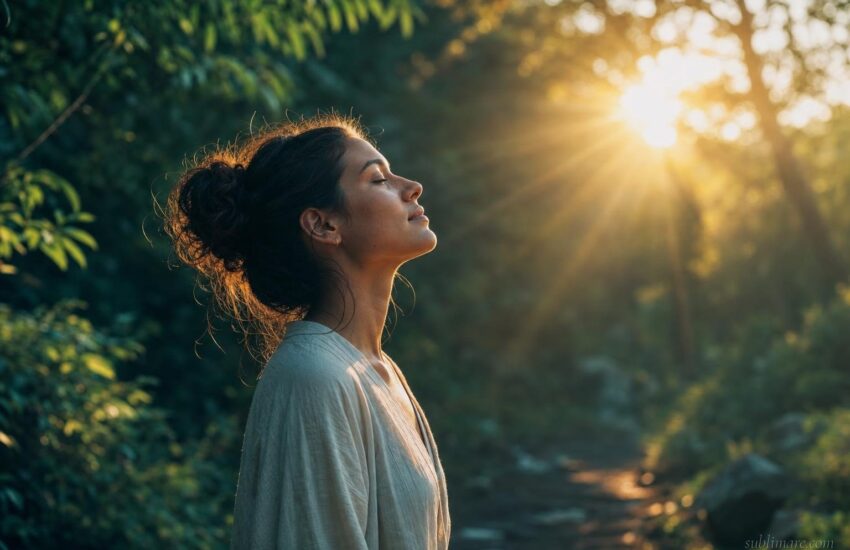 Person facing warm golden morning sunlight outdoors, peaceful and grounded