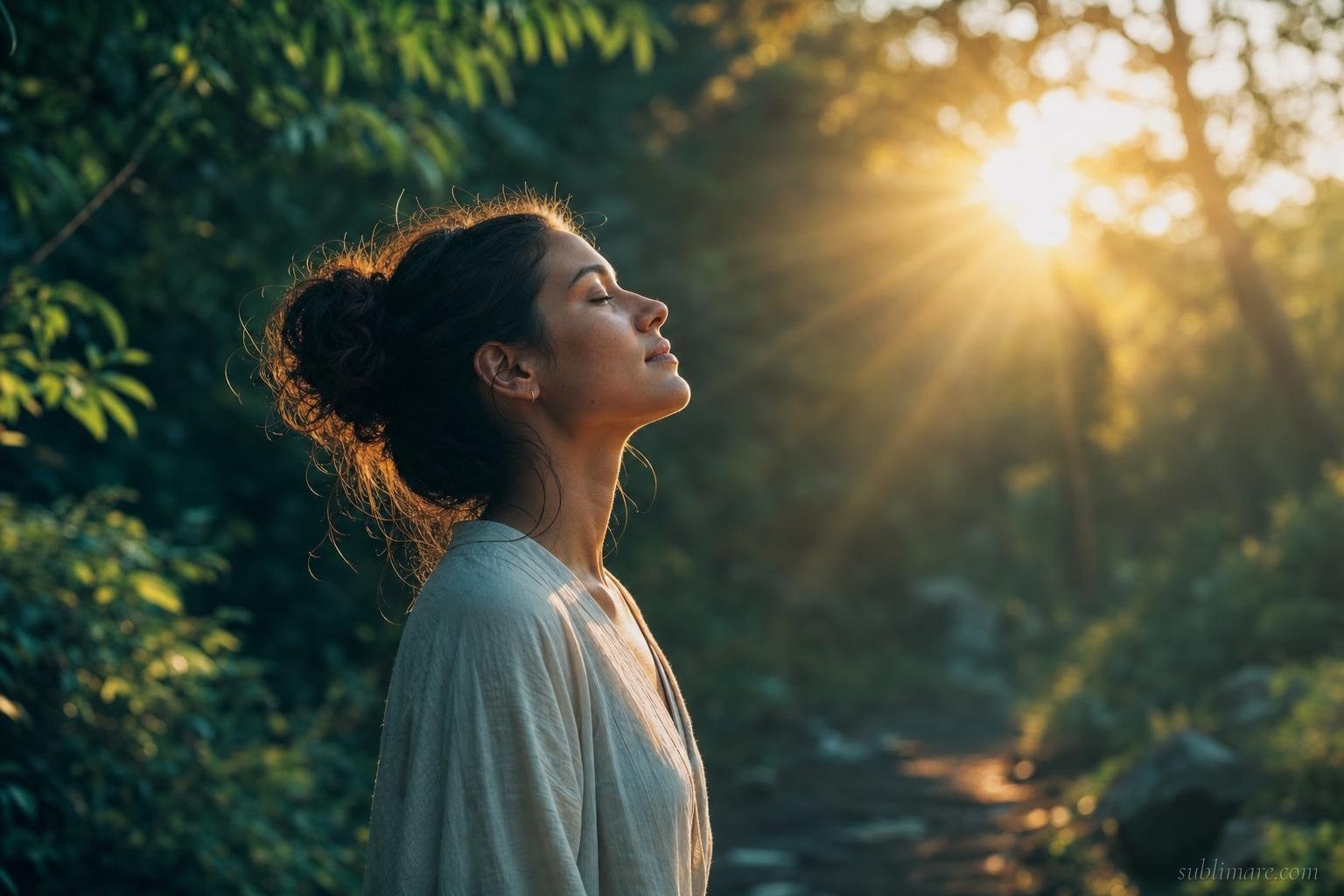 Person facing warm golden morning sunlight outdoors, peaceful and grounded