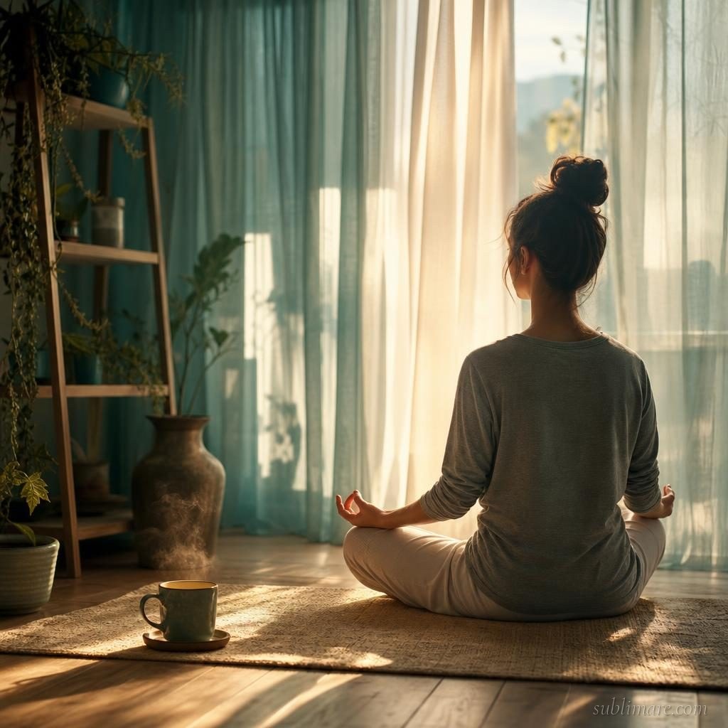 Person practicing morning meditation in a sunlit room with a steaming cup of tea