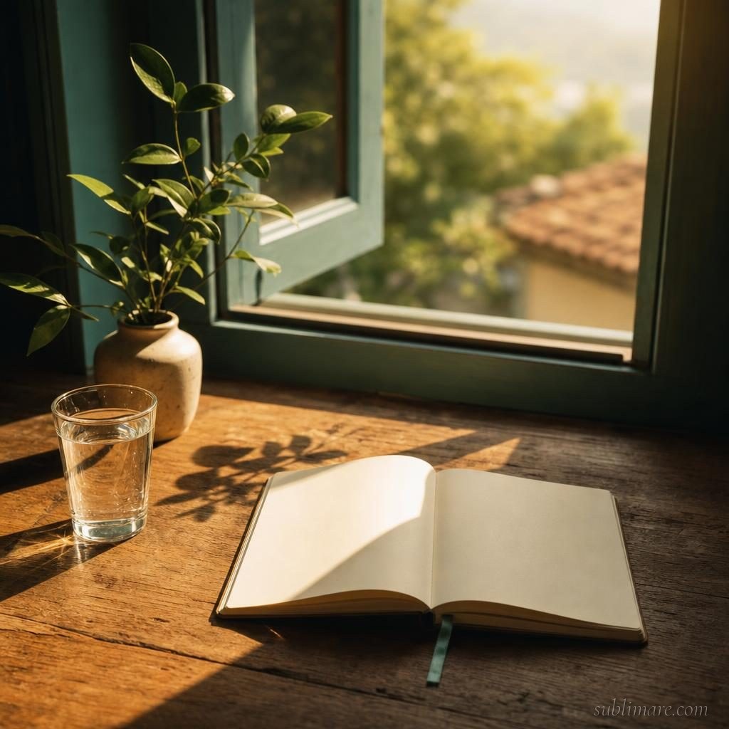 Peaceful morning table setup with water, journal and plant in golden light — a phone-free morning start