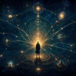 Cosmic web of light threads representing synchronicity — golden connections between stars and symbols in deep indigo space