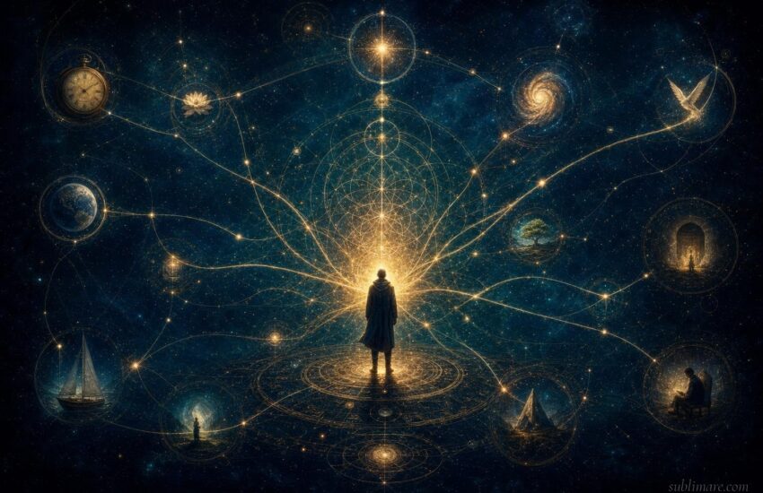 Cosmic web of light threads representing synchronicity — golden connections between stars and symbols in deep indigo space