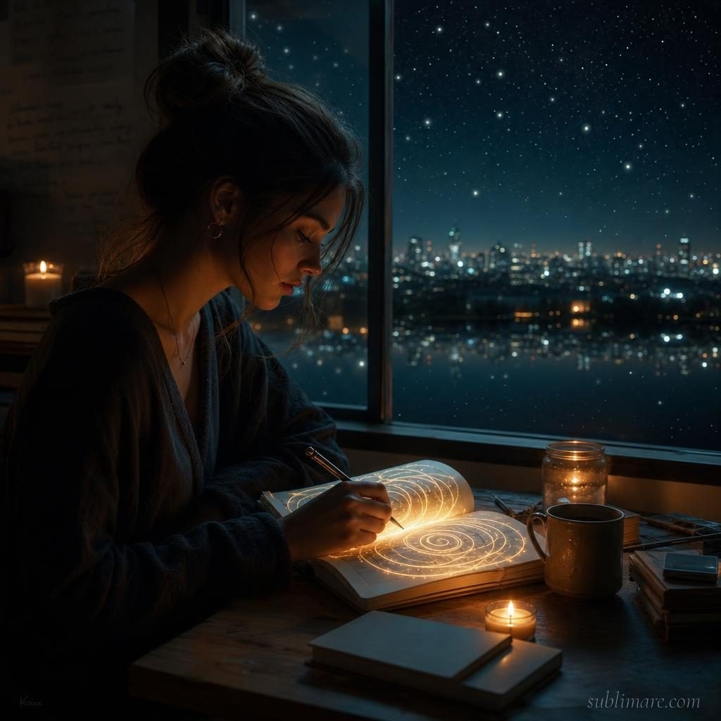 Person writing in a synchronicity journal by a window at night, golden spiral patterns on the pages