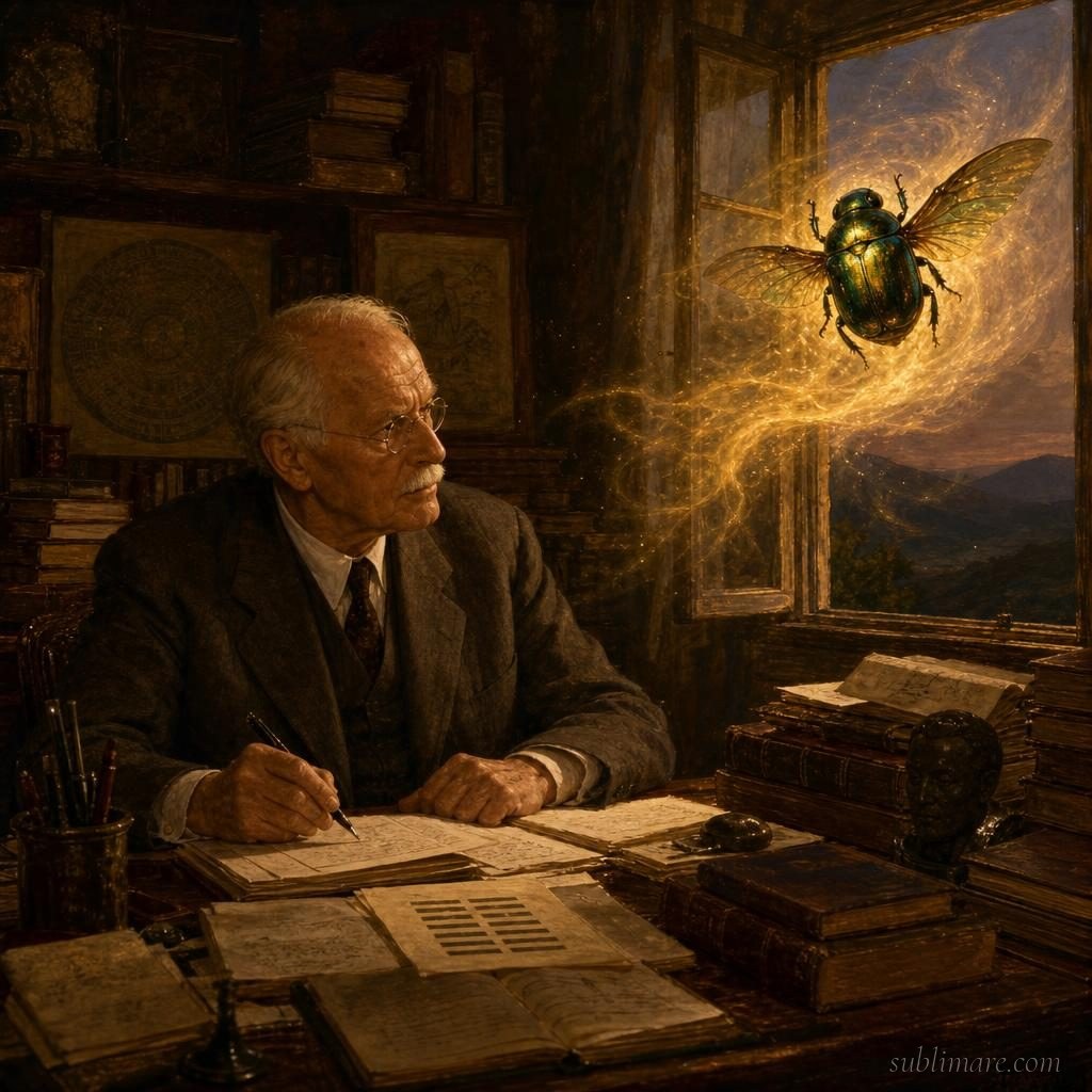 Carl Jung at his desk as a golden-green scarab beetle flies through the window — the famous synchronicity story