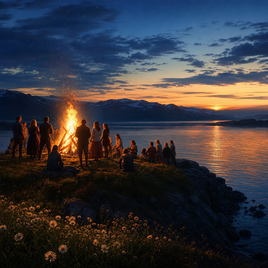 Scandinavian midsummer bonfire celebration