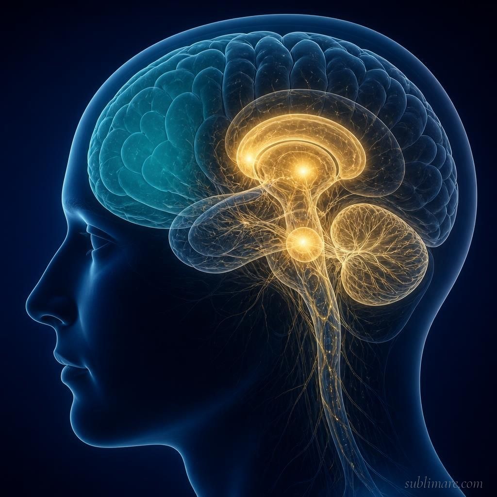 Scientific illustration of transient hypofrontality — the prefrontal cortex quieting during a flow state