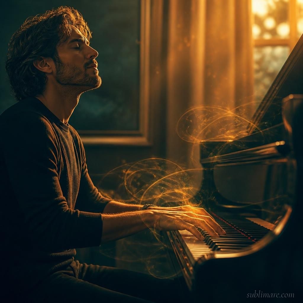 Musician deeply absorbed in playing piano, completely lost in the music in a flow state