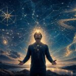 Person visualizing goals with golden light and neural patterns radiating outward into a starry sky