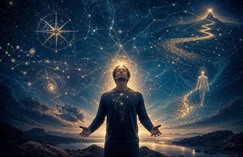 Person visualizing goals with golden light and neural patterns radiating outward into a starry sky