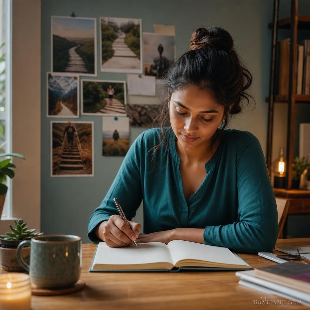 Person writing specific process-focused goals in a journal with a vision board showing steps rather than just outcomes