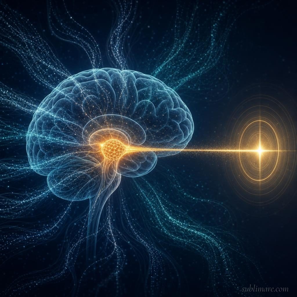 Scientific illustration of the brain's Reticular Activating System — the real mechanism behind noticing goal-relevant opportunities