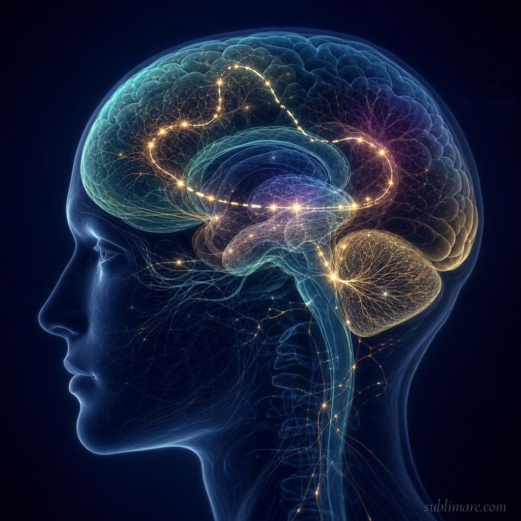 Scientific illustration of a brain with a glowing thread of light weaving through neural regions, representing the constructed narrative of a unified self