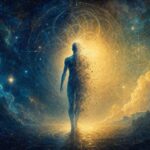 A translucent human silhouette dissolving into stars and golden light, at the threshold between form and formlessness