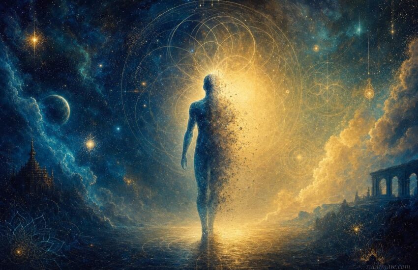 A translucent human silhouette dissolving into stars and golden light, at the threshold between form and formlessness