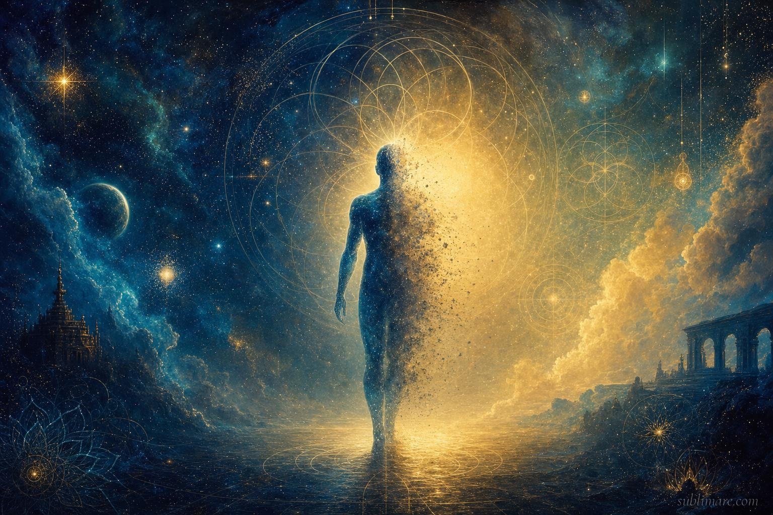 A translucent human silhouette dissolving into stars and golden light, at the threshold between form and formlessness