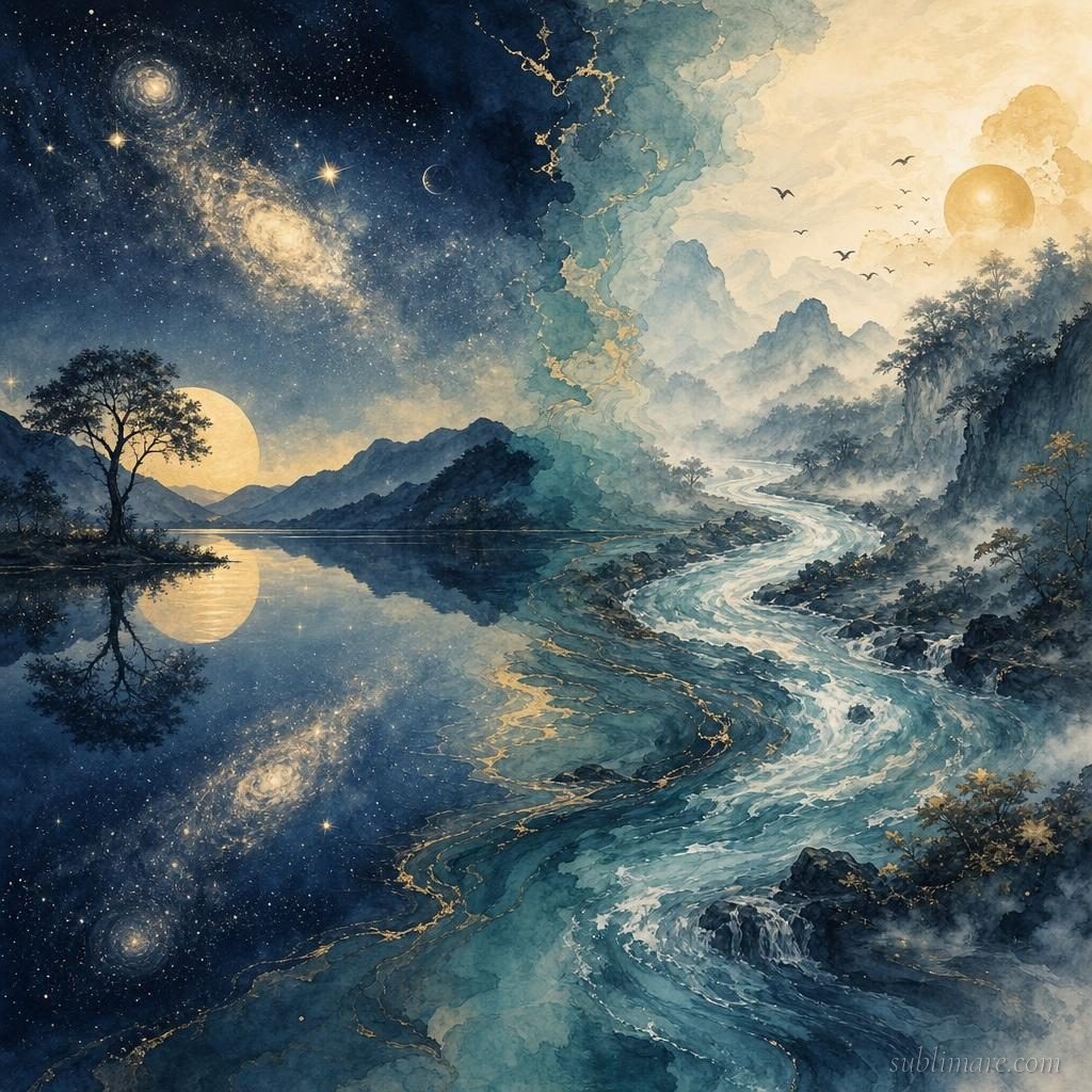 A still mirror lake representing an eternal Atman self blending into a flowing river representing Buddhist impermanence and no-fixed-self