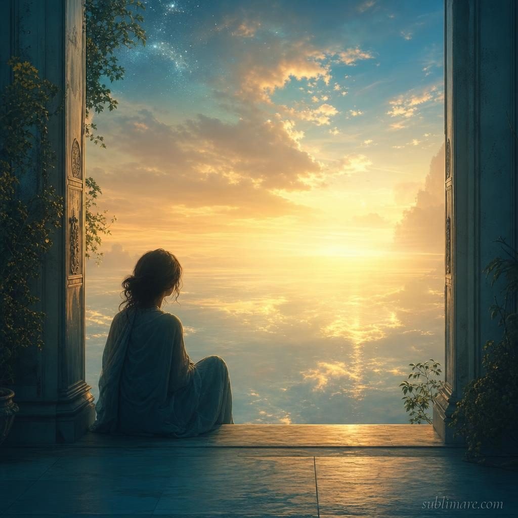 Person sitting peacefully at a threshold of golden light looking toward a luminous horizon, evoking near-death experience research