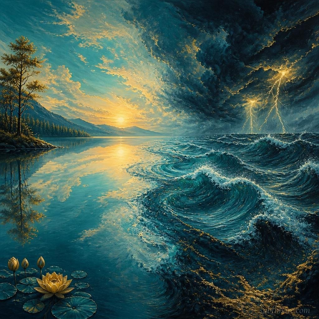 A calm clear pond blending into stormy turbulent water, representing a regulated versus emotionally activated internal state