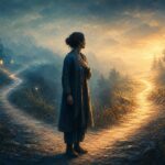 Person standing at a fork in a softly lit path, hand on chest sensing an inner signal