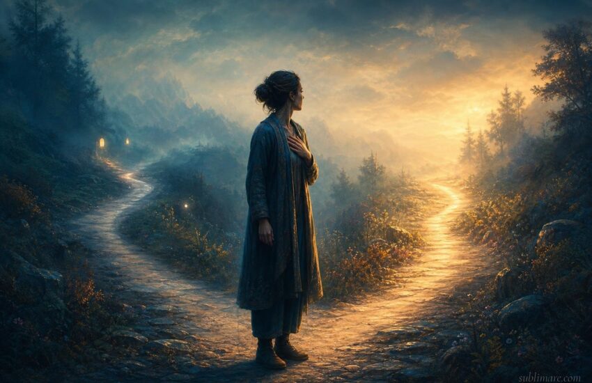 Person standing at a fork in a softly lit path, hand on chest sensing an inner signal