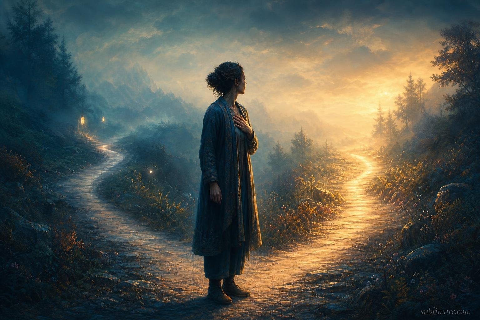 Person standing at a fork in a softly lit path, hand on chest sensing an inner signal
