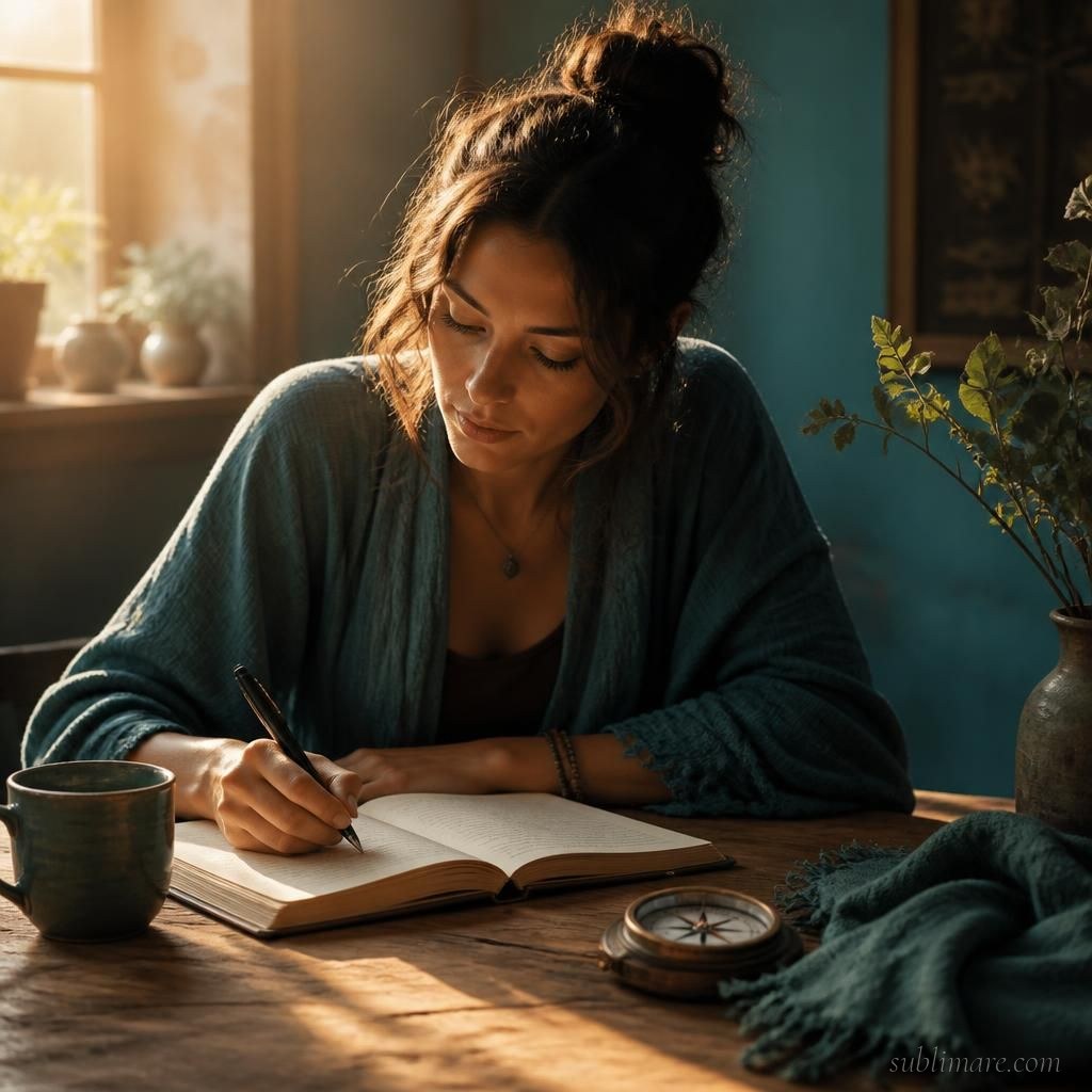 Person writing reflectively in a journal with a compass nearby, symbolizing calibrated intuitive guidance