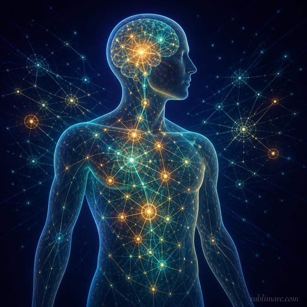 Scientific illustration of a glowing pattern-recognition network, representing how the brain builds intuition from stored experience