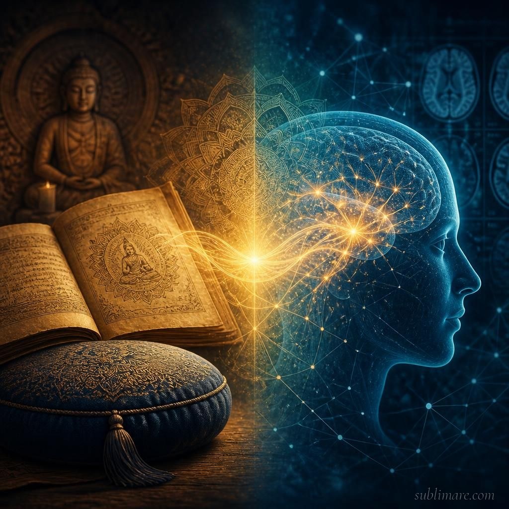 Symbolic image blending an ancient manuscript with a modern brain scan, representing the convergence of contemplative tradition and neuroscience