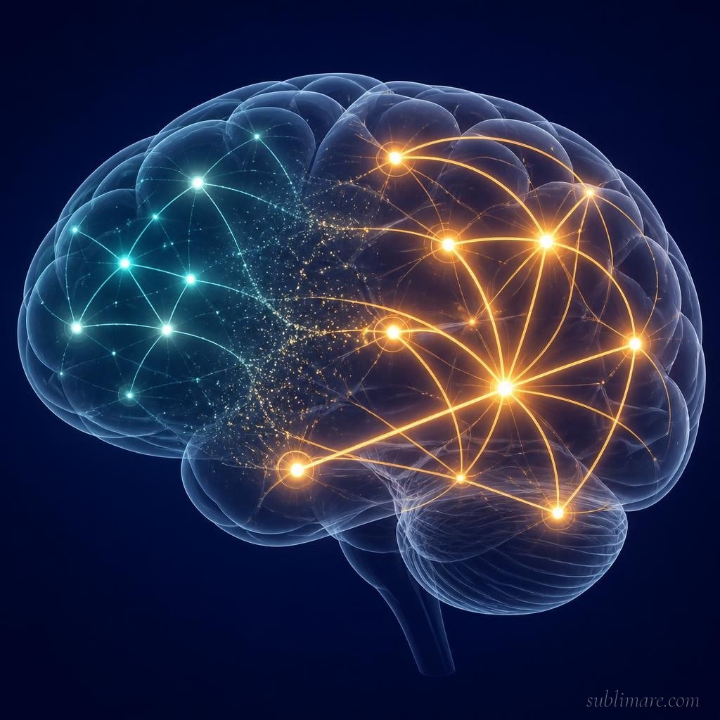 Scientific illustration of the Default Mode Network disrupting during a psychedelic experience, with cross-region connectivity increasing