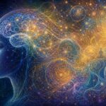 Abstract visualization of a mind dissolving into interconnected fractal patterns of light, representing expanded consciousness