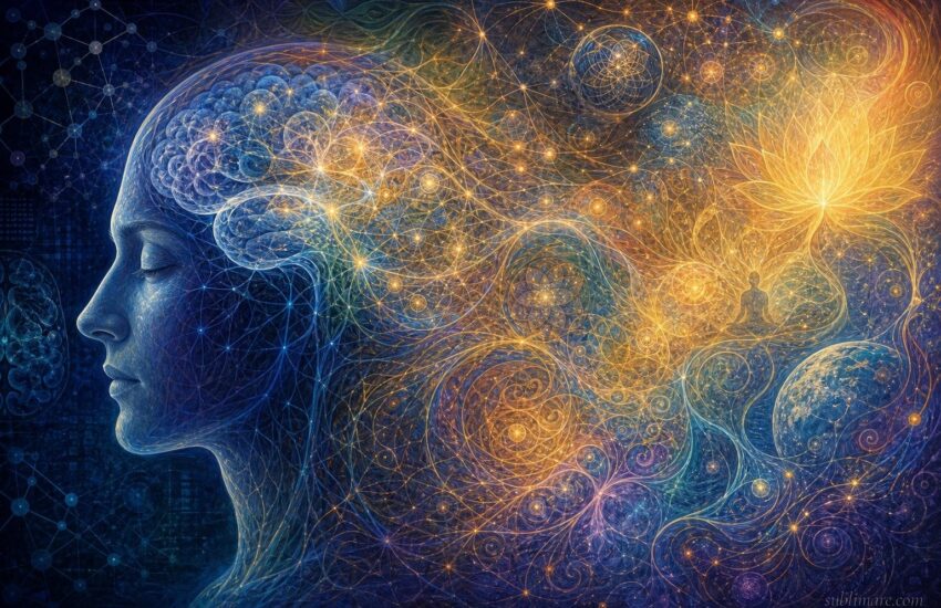 Abstract visualization of a mind dissolving into interconnected fractal patterns of light, representing expanded consciousness