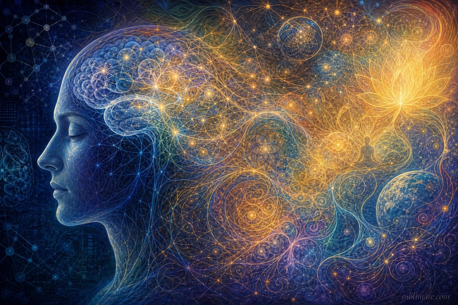 Abstract visualization of a mind dissolving into interconnected fractal patterns of light, representing expanded consciousness