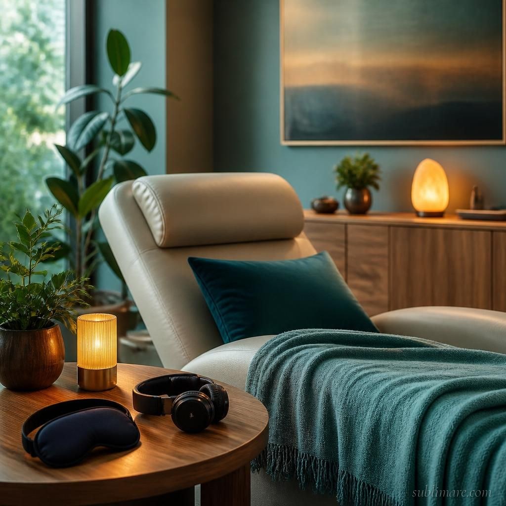 Calm, supportive clinical therapy room representative of the environment used in psychedelic-assisted therapy research