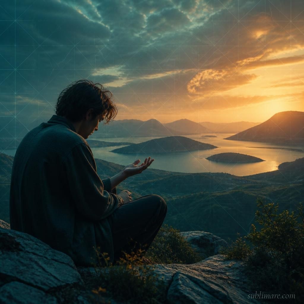 Person looking thoughtfully at their own hand at dusk, questioning the nature of reality