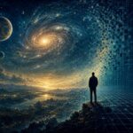 A cosmic landscape dissolving into a faint computational grid, a human silhouette at the boundary between the two