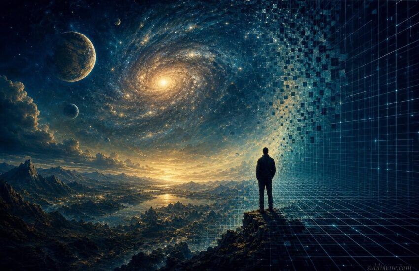 A cosmic landscape dissolving into a faint computational grid, a human silhouette at the boundary between the two