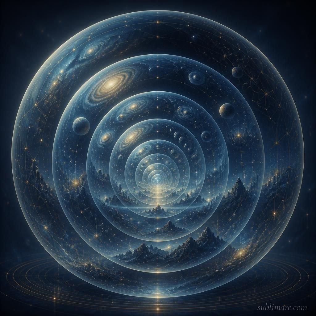 Nested translucent spheres representing simulations within simulations, an infinite regress of realities