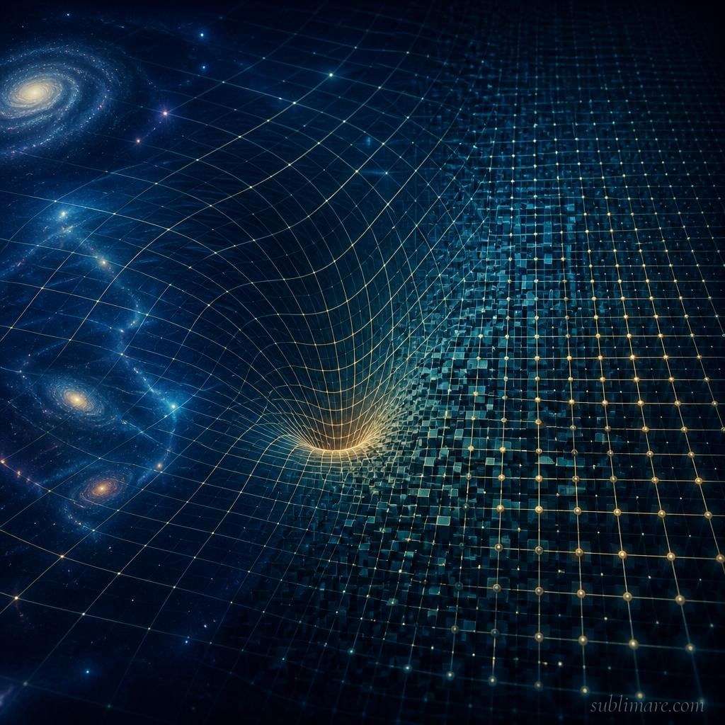 Spacetime revealing a faint pixelated grid structure at extremely small scale, representing the Planck length