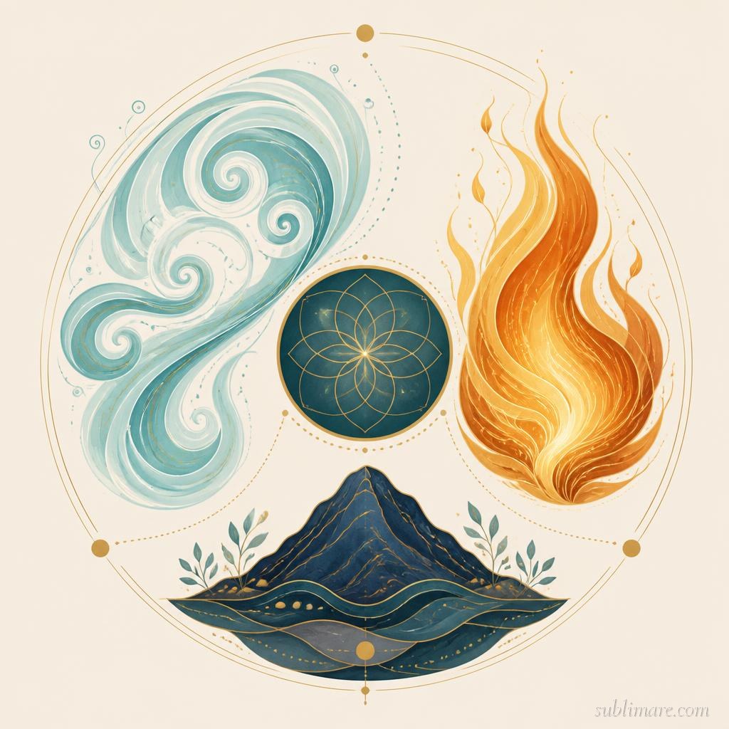 Symbolic illustration of the three Ayurvedic doshas — Vata, Pitta and Kapha — in balanced harmony