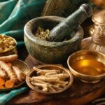 Still life of Ayurvedic herbs, turmeric root, mortar and pestle, and ashwagandha in warm natural light