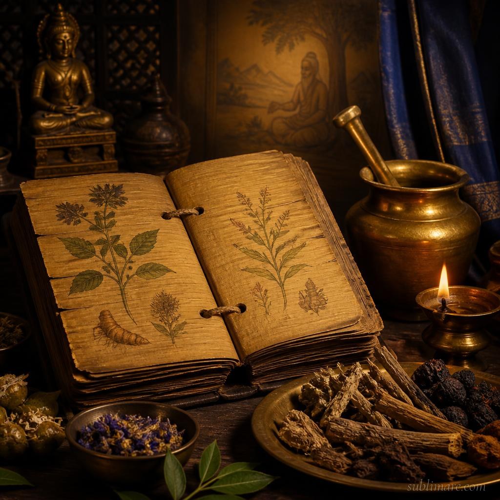 Ancient palm-leaf manuscript with botanical illustrations, evoking the scholarly tradition behind Ayurveda