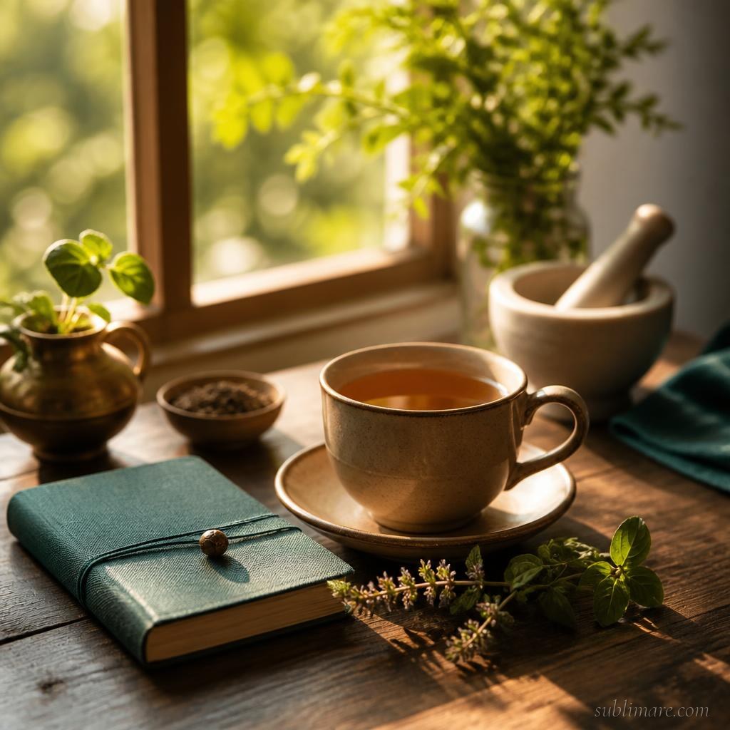 Peaceful morning routine table evoking the Ayurvedic practice of dinacharya, or daily routine