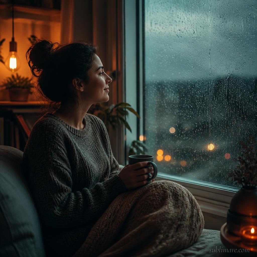 Person sitting calmly by a window during a rainstorm, symbolizing reduced emotional reactivity