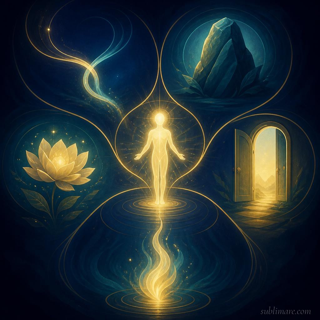 Symbolic illustration of the five domains of post-traumatic growth radiating from a central figure